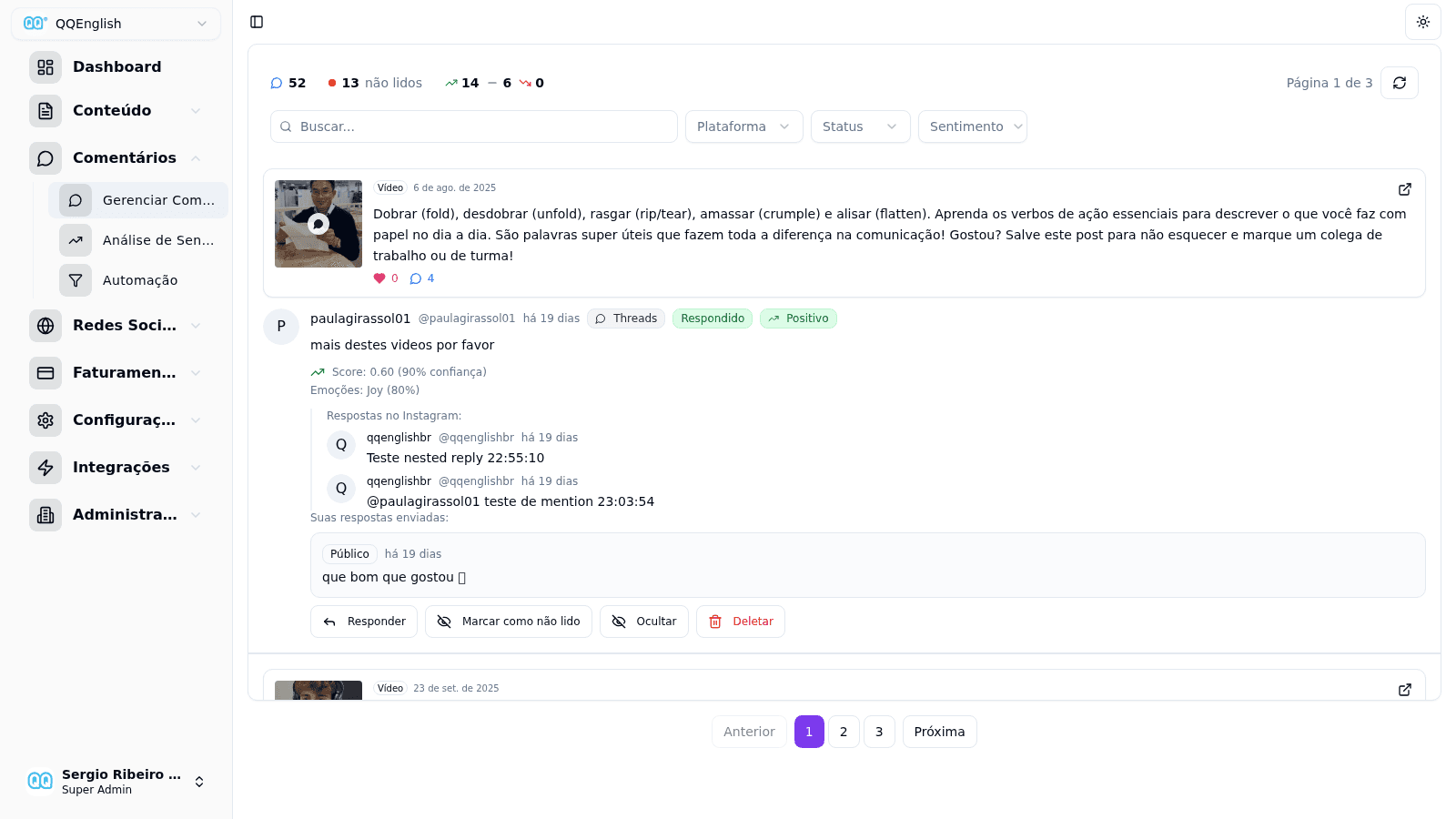 Inbox unificada de comentários do Social Hub
