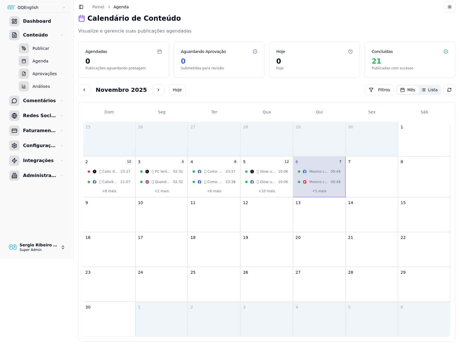 Calendário de conteúdo do Social Hub